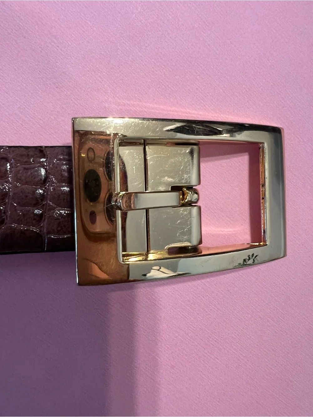 Brown Croc-Embossed Leather Belt with Gold Buckle